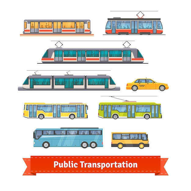 Free vector city and intercity transportation vehicles set