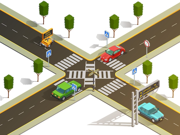 Free vector city intersection traffic navigation isometric view