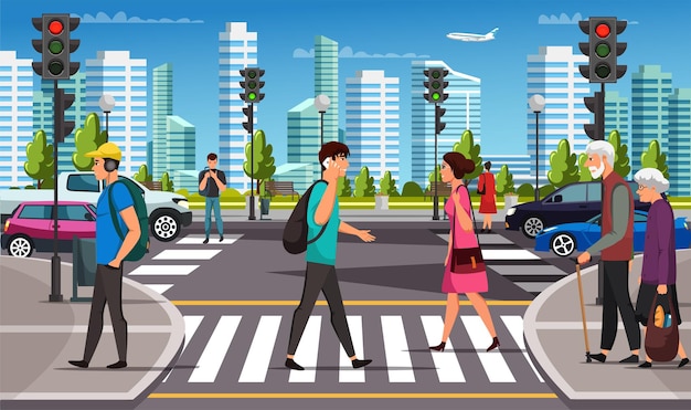 Free vector city life crosswalk with traffic lights car pedestrian crossing road over urban background young man and woman teenager elderly couple businessman with phone moving by road