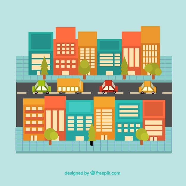 Free Vector city map with colored buildings and vehicles