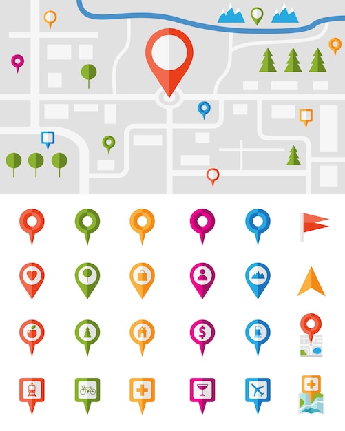 Free vector city map with a large set of colorful pin pointers each showing a different vector infographic