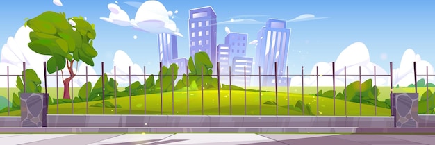 City park and buildings behind metal fence