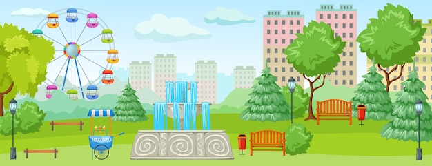 Free vector city park concept park with entertainment green trees and grass treats for kids