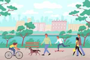 Free vector city park flat with people walking along embankment with dog skateboards and bikes illustration