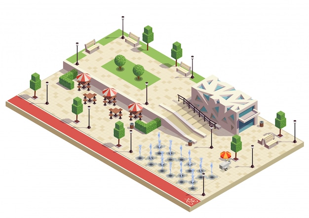 City park infrastructure facilities isometric composition with dry fountains outdoor cafe furniture modern public building 