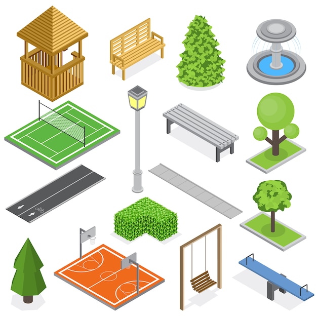 City park infrastructure isometric set of elements of greenery kid playground and sport courts isolated