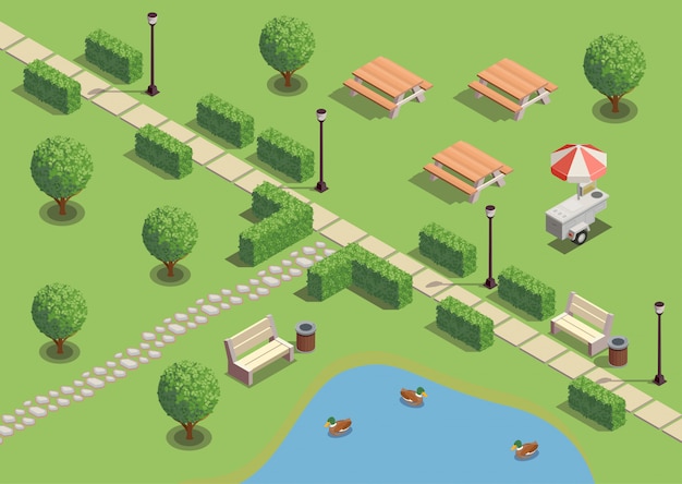 Free Vector city park recreation area isometric compositions with path pond ducks outdoor furniture lanterns snack vendors 