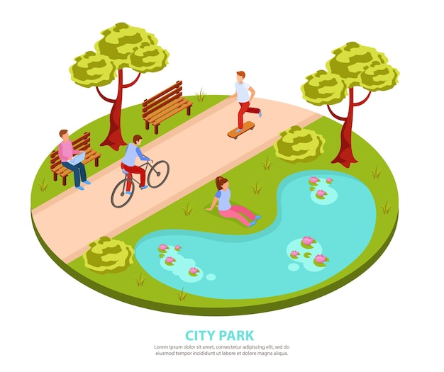 Free Vector city park round isometric composition with people skateboarding cycling working on laptop sitting by pond