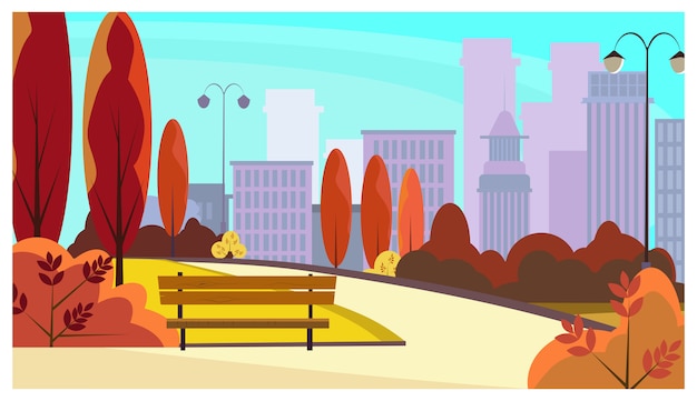 Free vector city park walkway with autumn trees, bushes, benches, lanterns