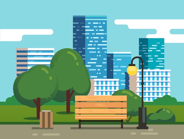 Free vector city park with bench and downtown skyscrapers
