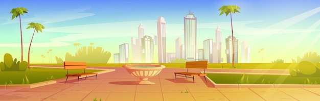 Free vector city park with benches and flowerpot summer scenery cityscape empty public place for walking and recreation with green grass palm trees and lawn urban garden cartoon  illustration