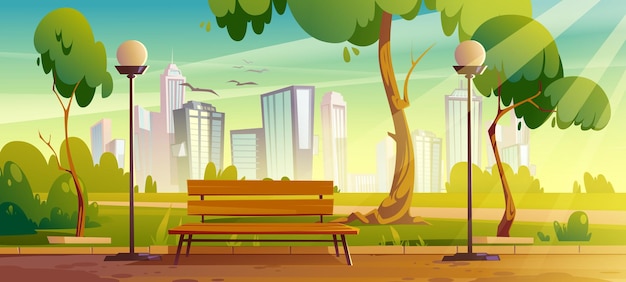 City park with green trees and grass, wooden bench, lanterns and town buildings on skyline.