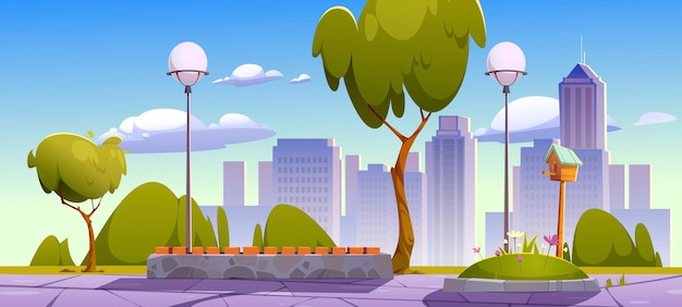 Free vector city park with green trees and grass wooden bench and town buildings on skyline