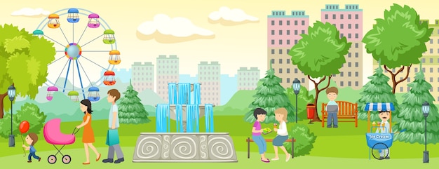 Free vector city park with people banner people walking and having fun in the park next to residential buildings