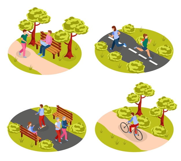 Free Vector city people  outdoor activities  2 round isometric concept with walking cycling jogging in park  illustration,