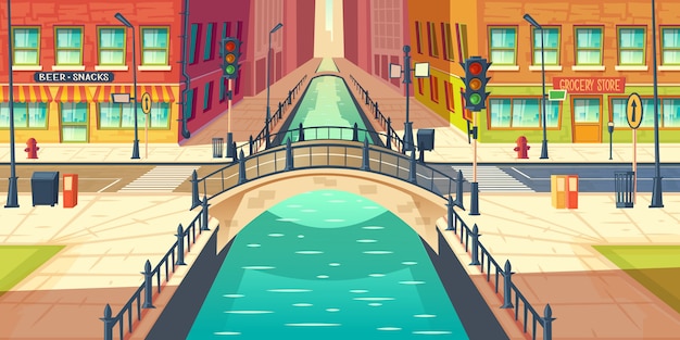 Free vector city quay, water channel on town street cartoon vector with empty sidewalks, grocery store and bar or beer pub showcases, city road crossing river with retro architecture arch bridge illustration