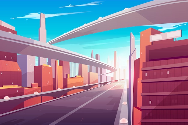 Free Vector city road, empty streetscape freeway, speed two-lane highway, overpass or bridge in modern megapolis.