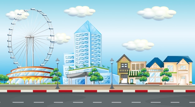 City scene with ferris wheel and buildings