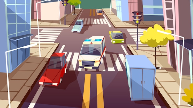 City street and ambulance car illustration. Cartoon urban traffic road 