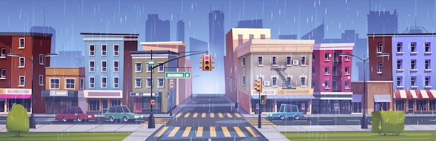 Free vector city street intersection in rainy weather