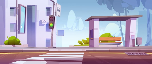 Free vector city street with bus stop bench and road crossing
