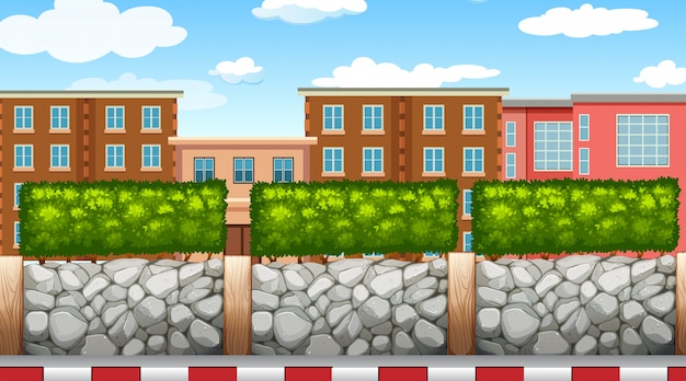 Free Vector city street with fence and houses