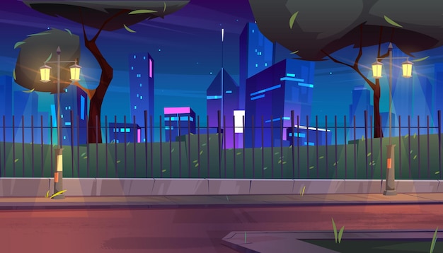 Free vector city street with park behind fence at night