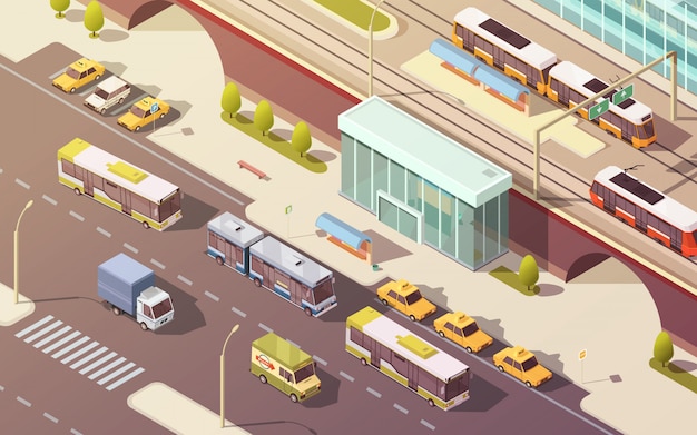 Free Vector  city transport with bike car bus and tram symbols isometric vector illustration 