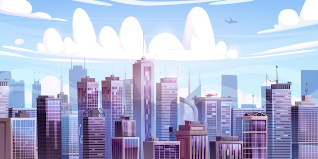 Cityscape flat building skyline vector background Urban business skyscraper panorama City scape with office in downtown outdoor game illustration Blue panoramic metropolis environment concept