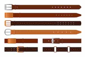 Free vector classic brown leather belts flat vector illustrations set. collection of straps with metal, brass or steel buckle rings isolated on white background. fashion, accessories, haberdashery concept