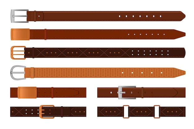 Free Vector classic brown leather belts flat vector illustrations set. collection of straps with metal, brass or steel buckle rings isolated on white background. fashion, accessories, haberdashery concept