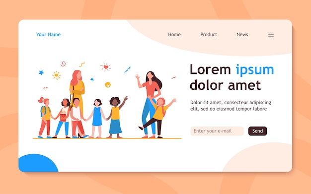 Free Vector classmates meeting at school. mom leading son, group of school children with teacher flat  landing page. childhood, back to school concept for banner, website design or landing web page