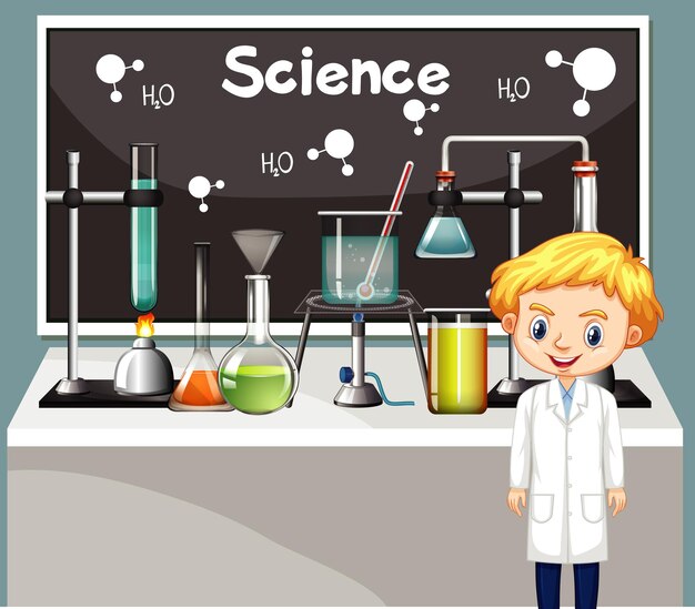 Classroom scene with science student and equipment