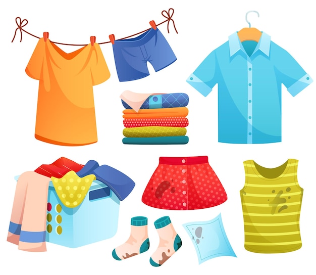 Free vector clean and dirty clothes laundry  cartoon  icons set