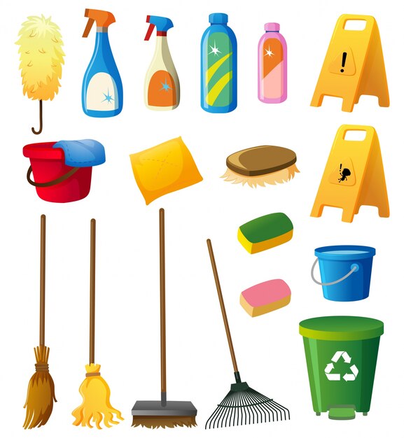 Cleaning equipments on white background