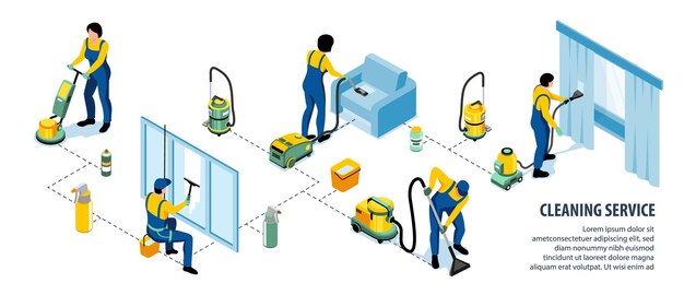 Cleaning service infographics representing professional cleaning company with modern equipment isometric vector illustration