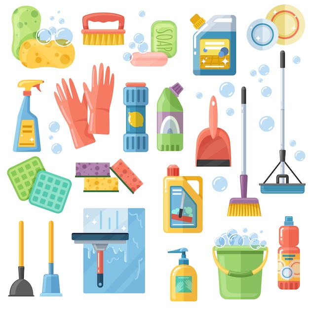 Free Vector cleaning suppliestools flat icons set