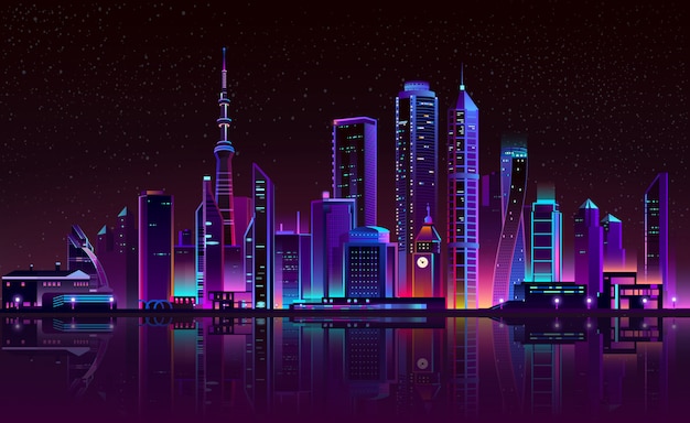 Free Vector clock tower on river, glowing city