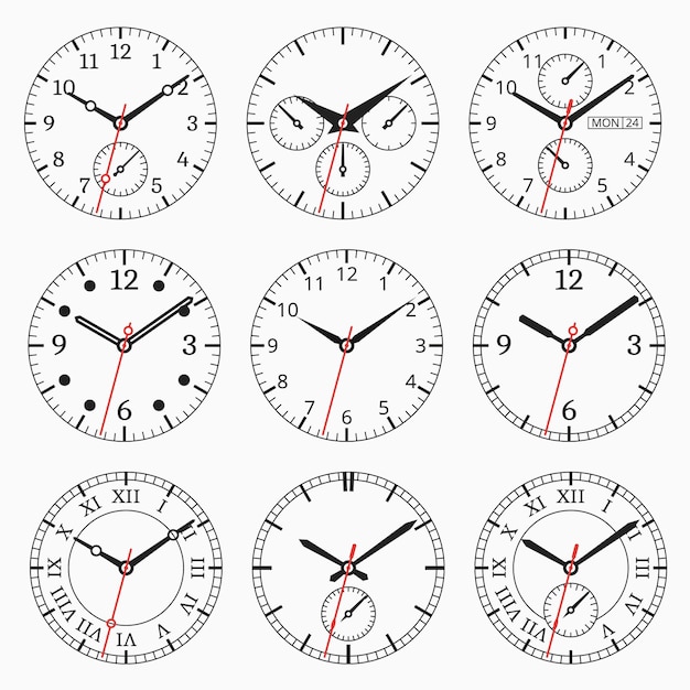 Free vector clock watch collection. set of dial with seconds arrow.