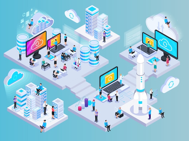 Cloud services isometric composition with conceptual images of network elements storage capsules and small human characters vector illustration