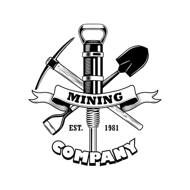 Free vector coal miners tools vector illustration. crossed twibill, shovel, jackhammer pick, text on ribbon. coal mining company concept for emblems and badges templates