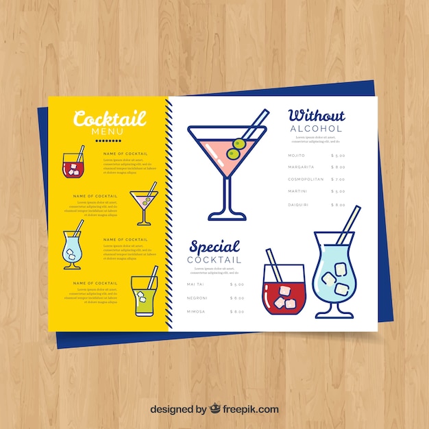 Cocktail menu template with flat design