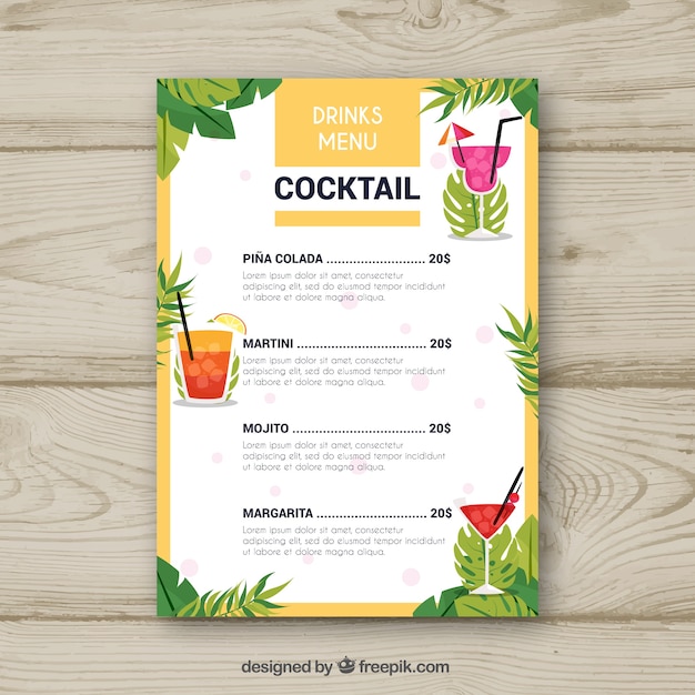 Cocktail menu template with palm leaves