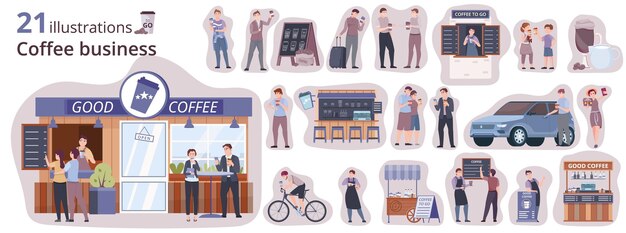 Coffee to go composition set with business symbols flat isolated vector illustration