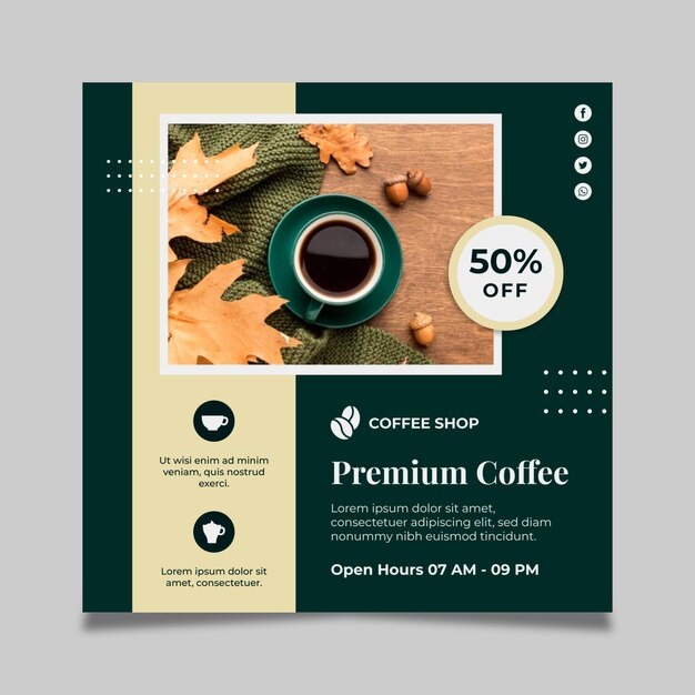 Coffee squared flyer template with discount