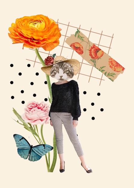 Free vector collage vintage feminine aesthetic element, cat illustration collage mixed media art