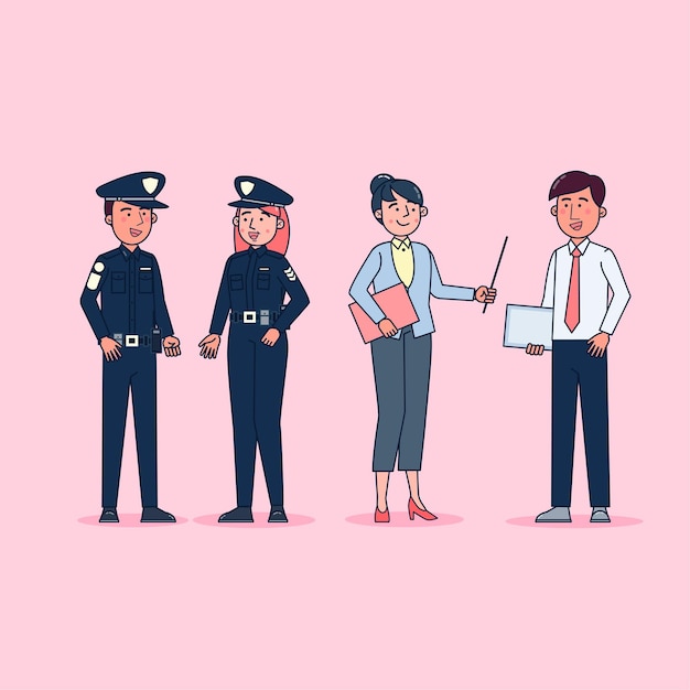 Free vector collection of big set isolated various occupations or profession people wearing professional uniform, flat   illustration.