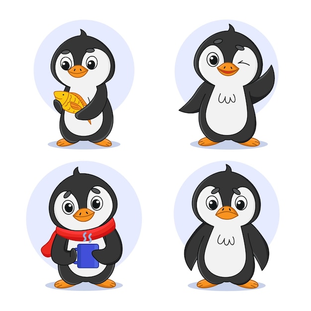 Free vector collection of cartoon penguin characters waving holding fish and cup of tea