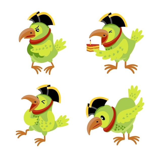 Free vector collection of cartoon pirate parrot character in cocked hat in different actions