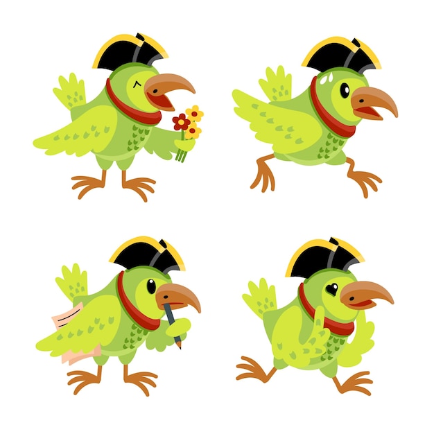 Free vector collection of cute pirate parrot in cocked hat writing poems receiving flowers and running